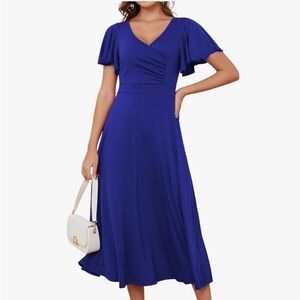 Women's V-Neck Short Sleeve Ruffle Cocktail Midi  Dress new